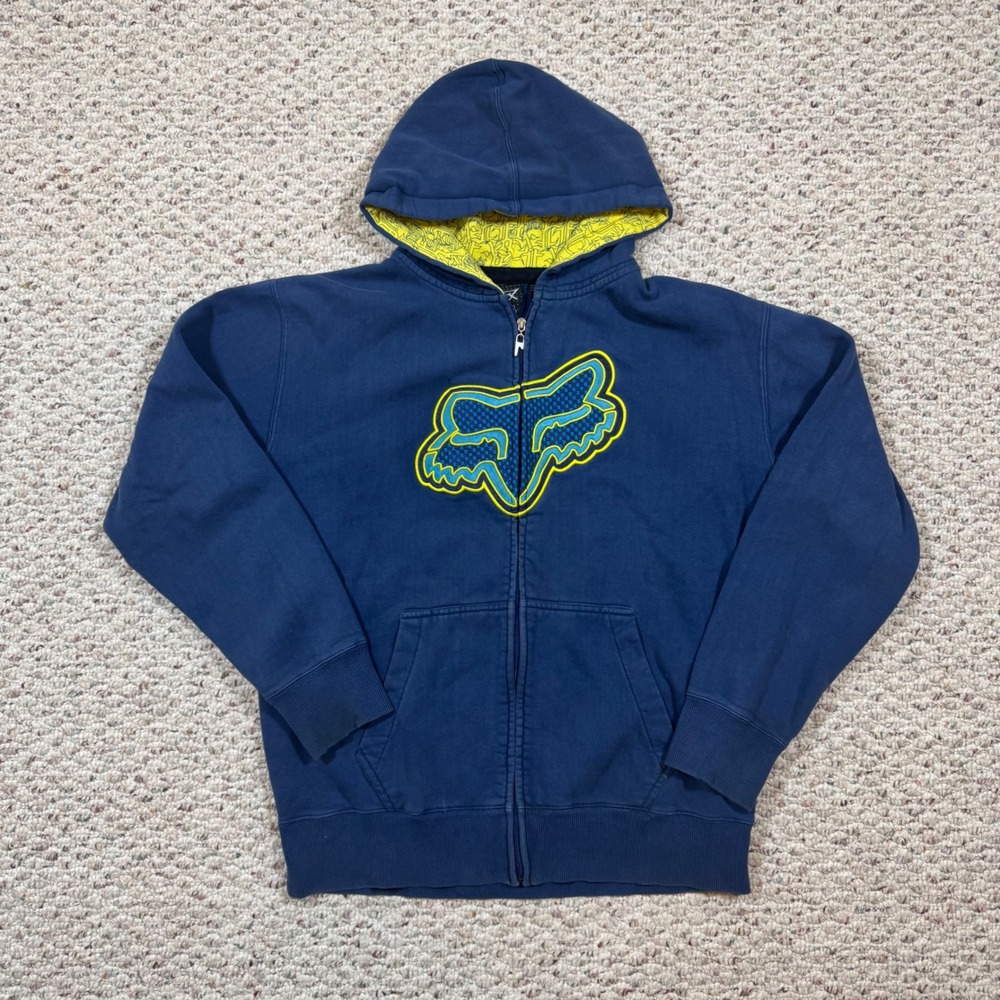 Y2K Fox Racing Mens Full Zip Hoodie Navy Blue Embroidered Logo Large Grunge